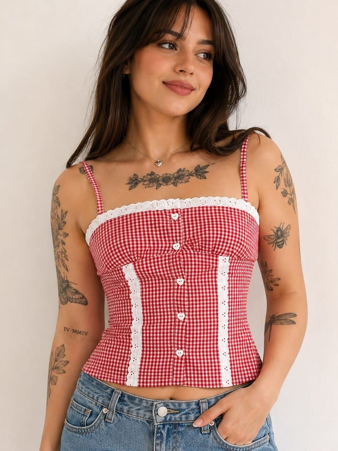 Lush&Loom Lifestyle Checked Ruffles Lace Bralette Crop Top