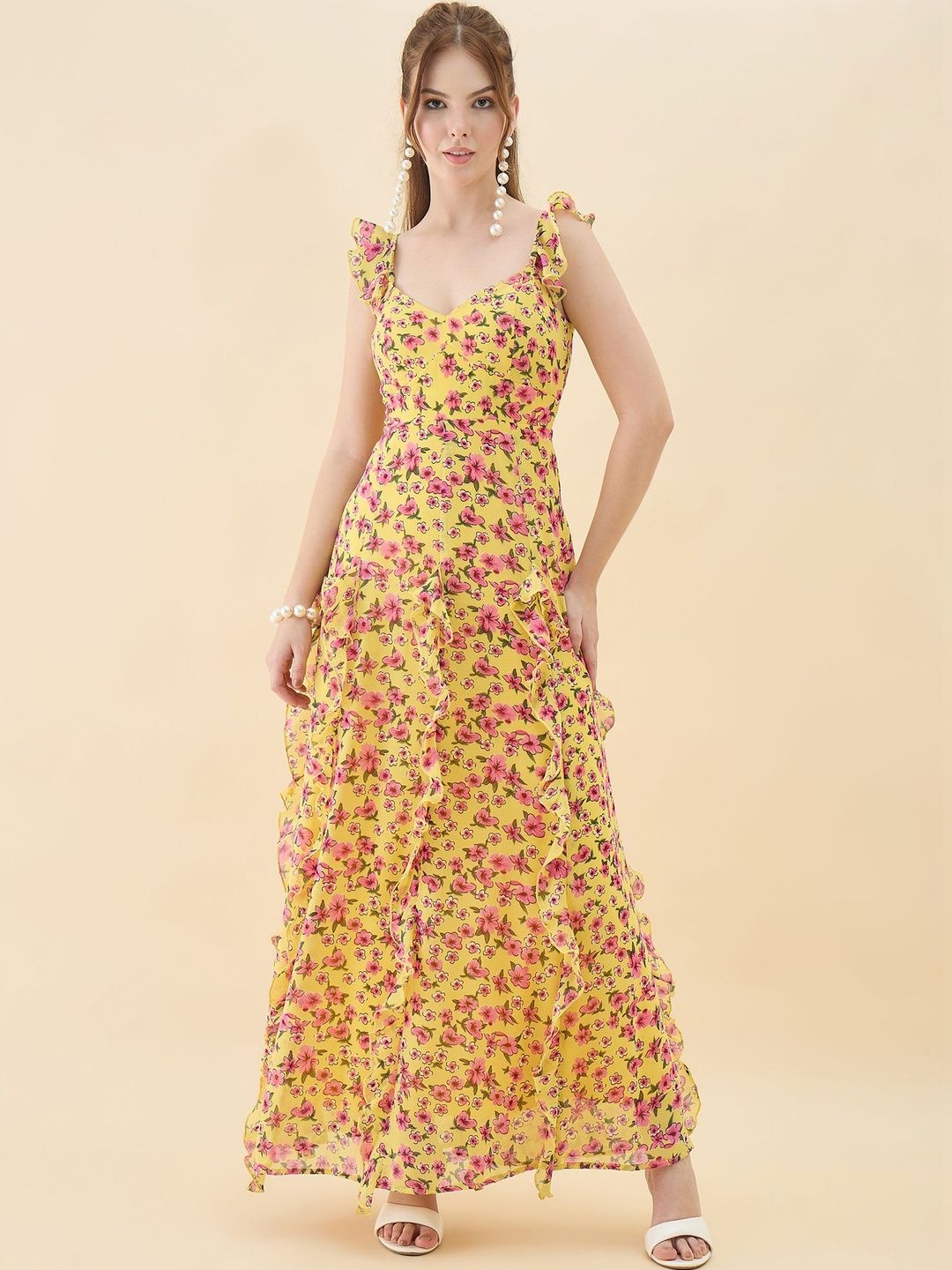 aayu Floral Print Ruffled Georgette Maxi Dress