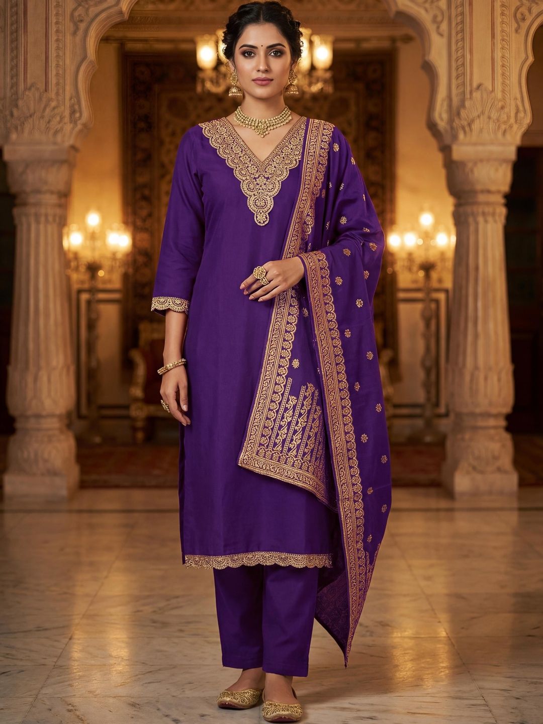VIVISHA Women Ethnic Motifs Embroidered Regular Kurta with Trousers & With Dupatta