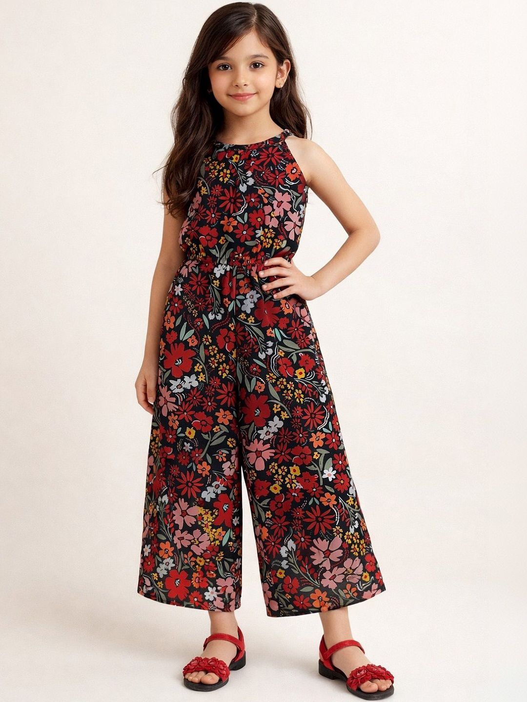 Girls Halter Neck Printed Basic Jumpsuit