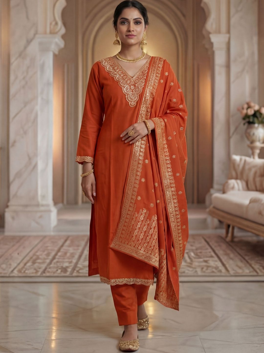 VIVISHA Women Ethnic Motifs Embroidered Regular Kurta with Trousers & With Dupatta