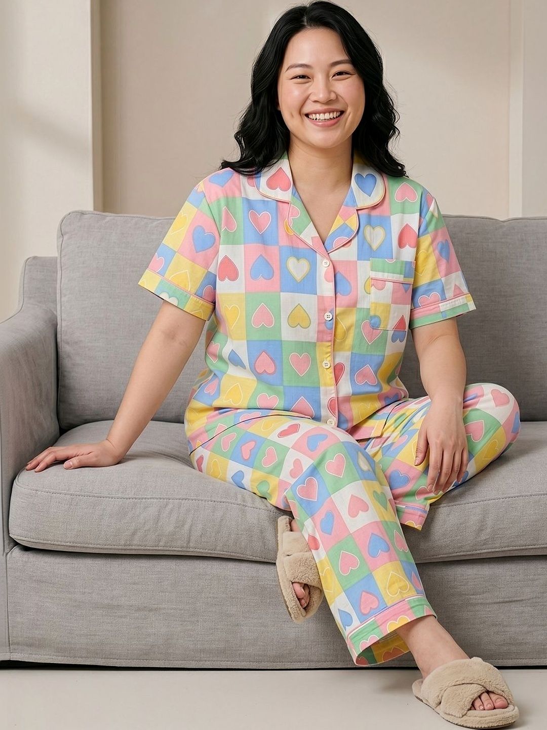 Geometric Printed Lapel Collar Night suit 4