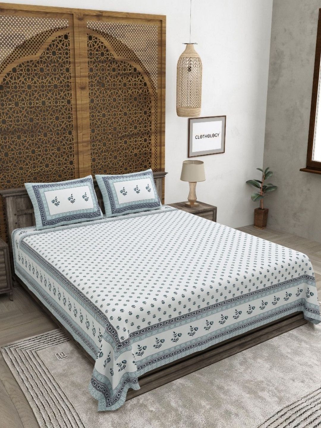 Buy CLOTHOLOGY Slate Grey Floral Booti Heritage Bagh 180 TC Cotton King Bedsheet With 2 Pillow Cover -  - Home for Unisex