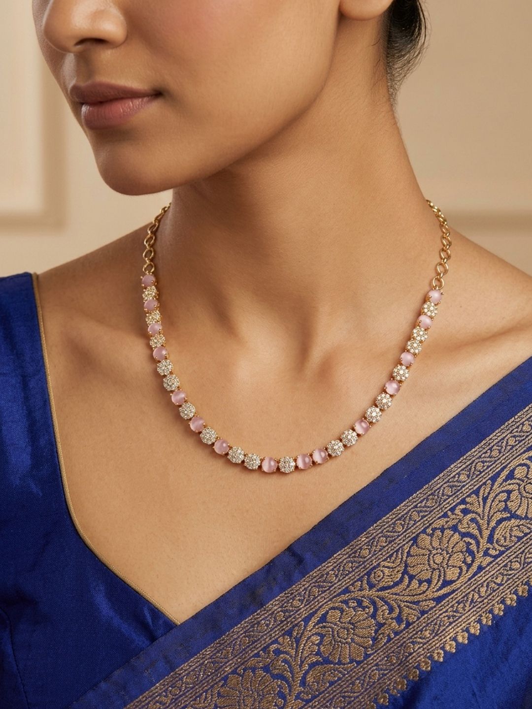 LABEL RUBY Gold-Plated Artificial Stones Studded Minimal Necklace & Chain