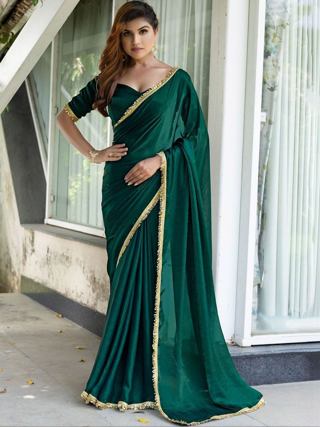 Branzios Sequinned Satin Heavy Work Saree