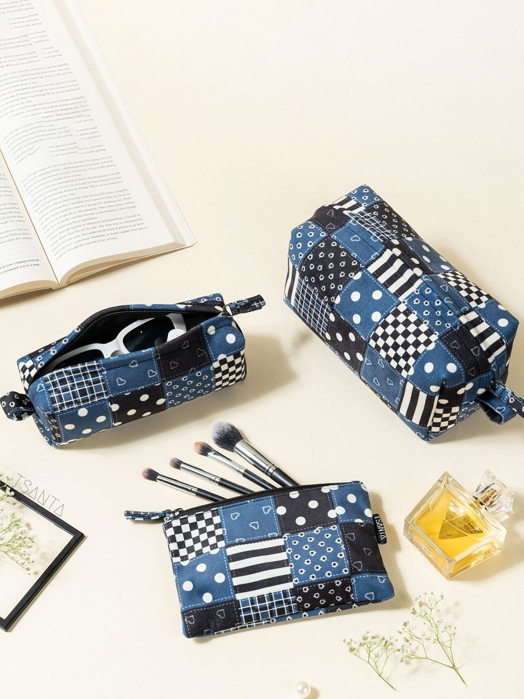TSANTA Set of 3 Black & Blue Box Printed Velvet Pouches