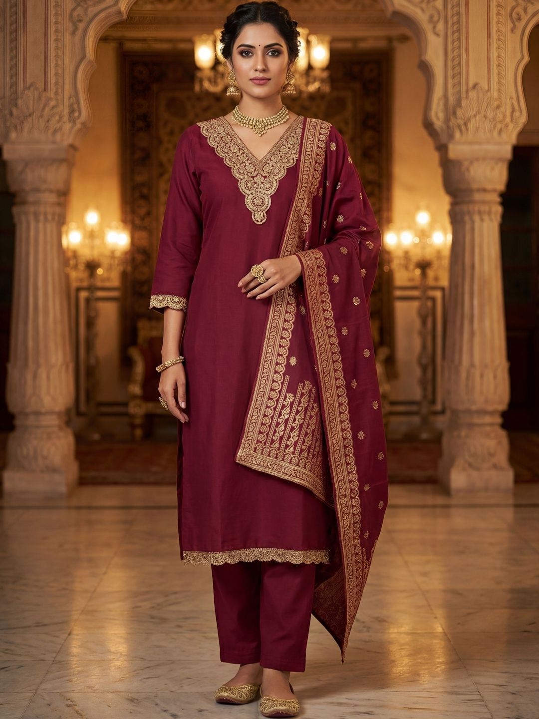 VIVISHA Women Ethnic Motifs Embroidered Regular Thread Work Kurta with Trousers & With Dupatta
