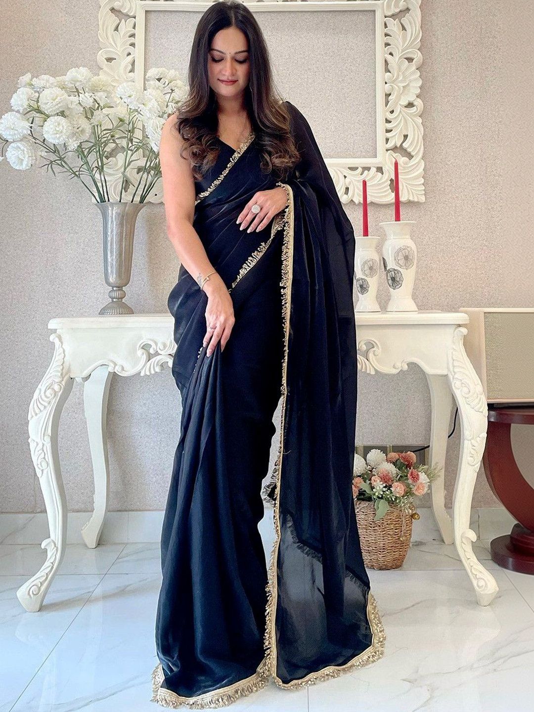 Branzios Sequinned Satin Saree