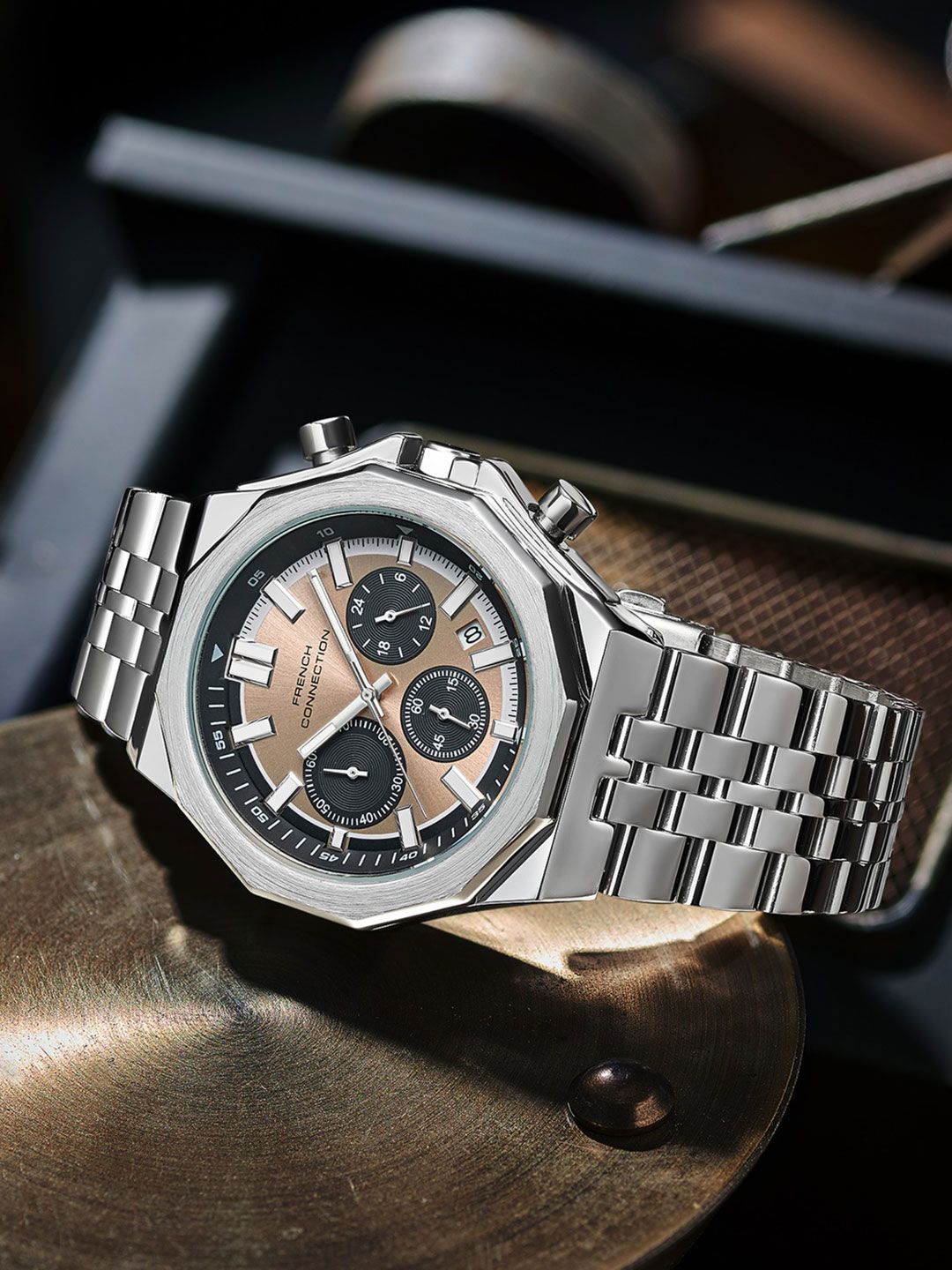 French Connection Men Dial & Stainless Steel Bracelet Style Straps Analogue Chronograph Watch FCB28SM-R