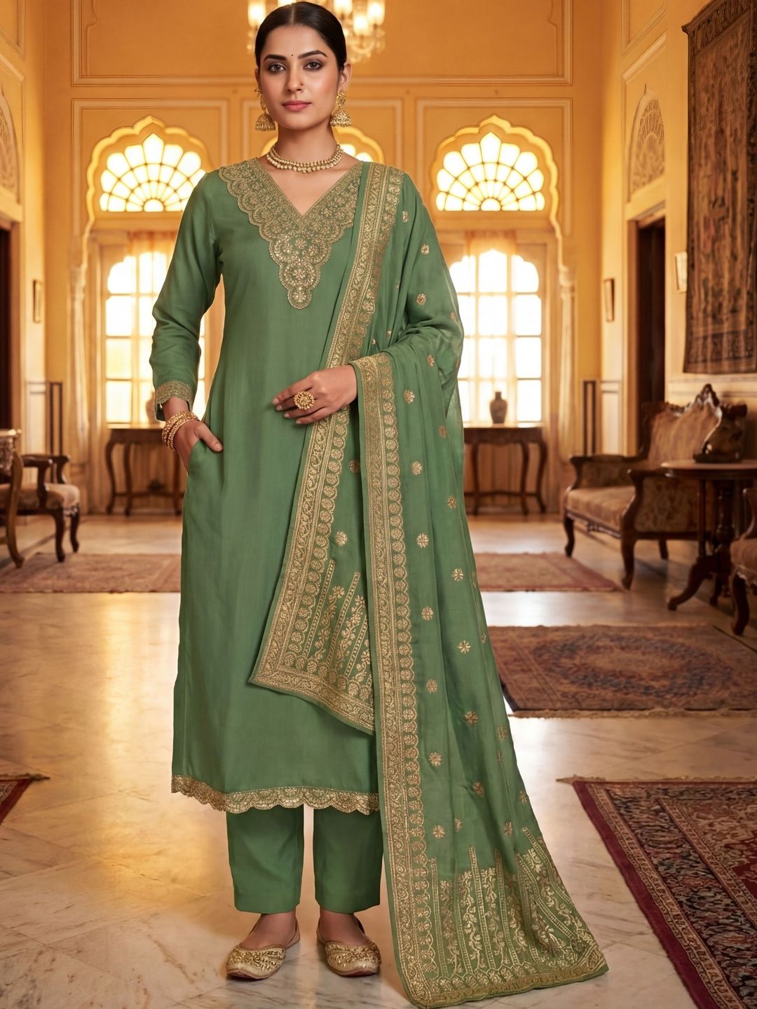 VIVISHA Women Ethnic Motifs Embroidered Regular Thread Work Kurta with Trousers & With Dupatta