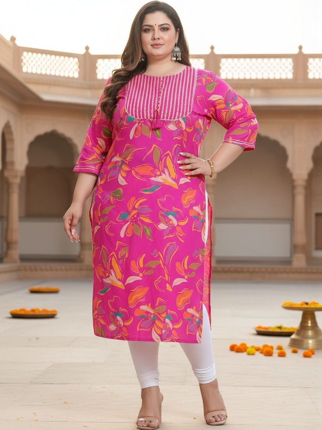 KALINI Women Floral Printed Thread Work Indie Prints Kurta