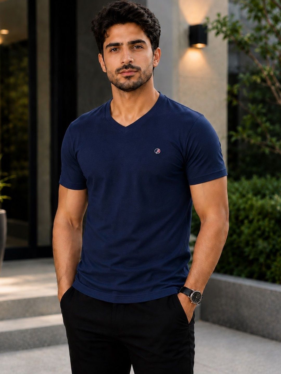 OCCULT Men Brand Logo V-Neck Pure Cotton T-shirt