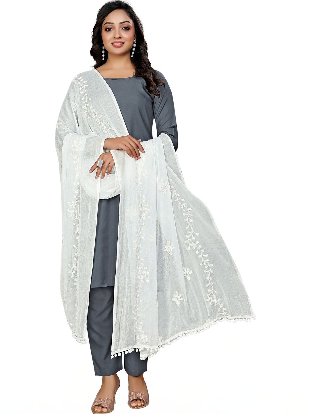KALINI Embroidered Foil Print Dupatta with Thread Work