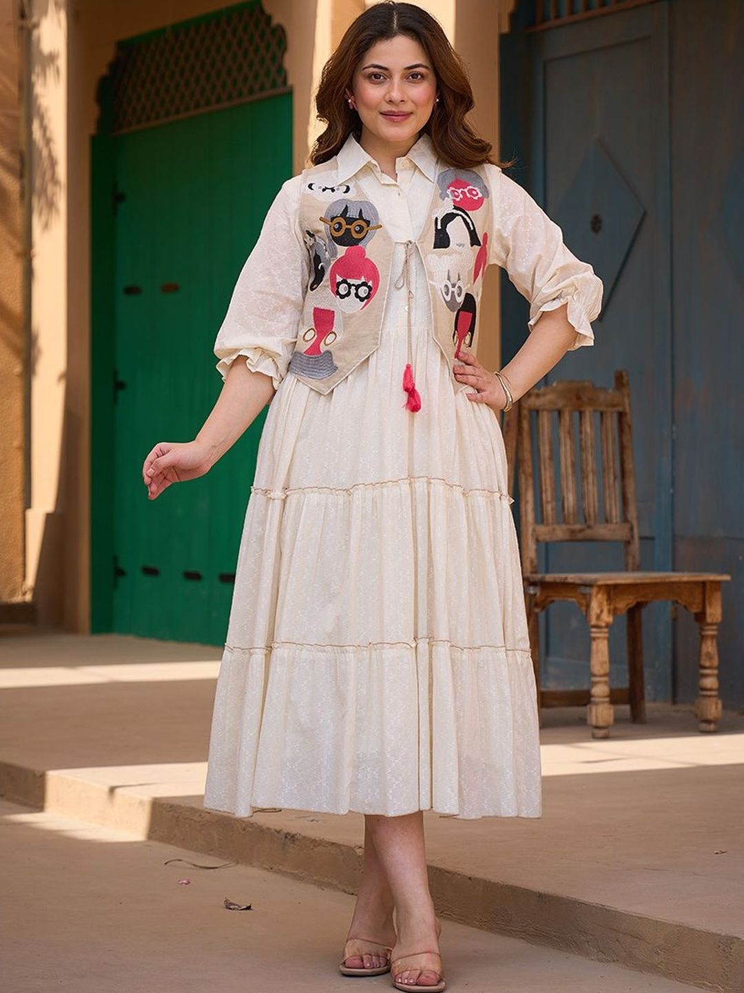 ZUMMER Self Design Shirt Collar A-Line Midi Dress