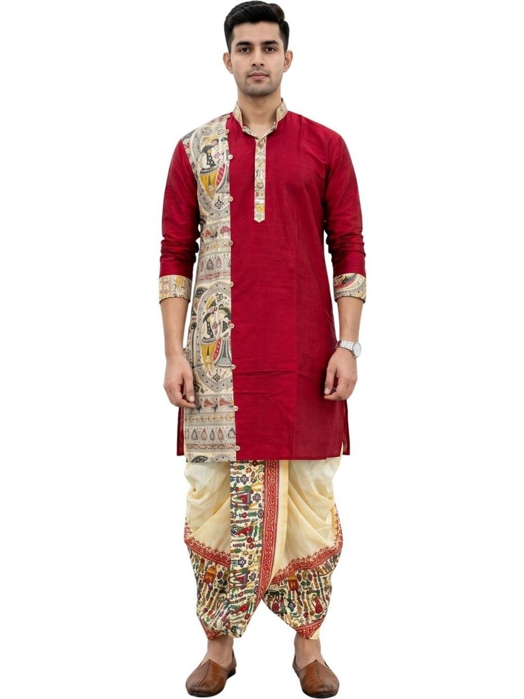 GOURI COLLECTIONS Men Khadi Silk Madhubani Printed Kurta With Banarasi Silk Dhoti Pant