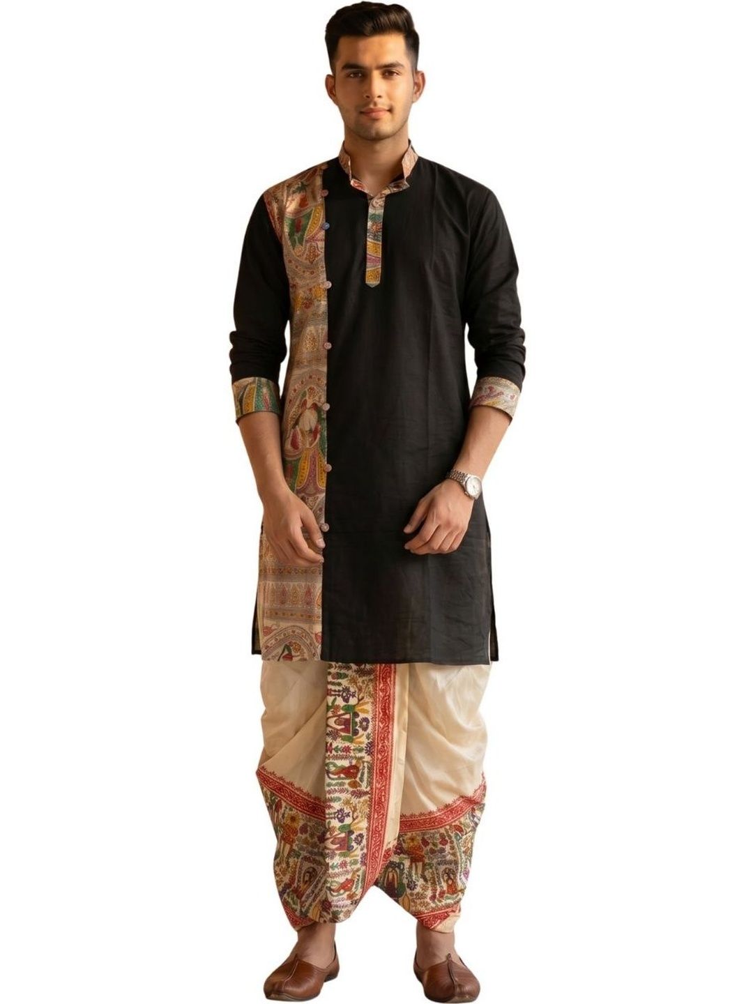 GOURI COLLECTIONS Men Khadi Silk Madhubani Printed Kurta With Banarasi Silk Dhoti Pant
