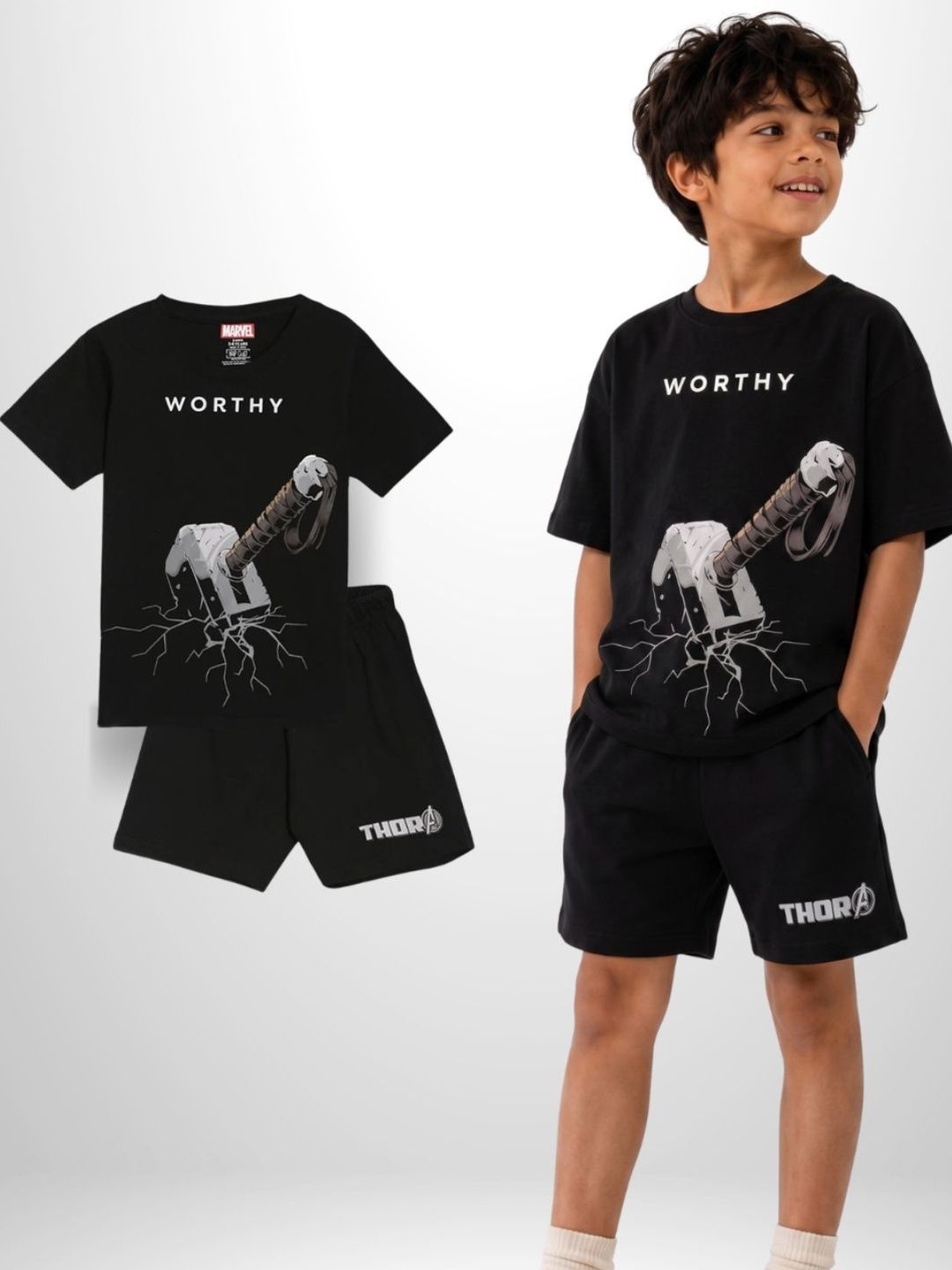 Nap Chief Kids Unisex Black & White Marvel Thor Worthy Printed Cotton Tshirt With Shorts