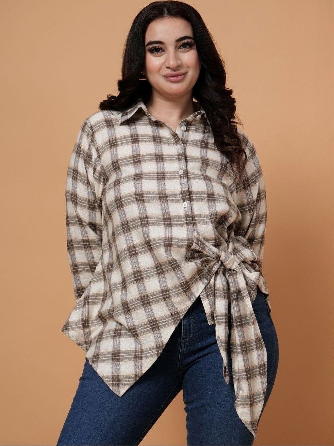 STYLLEY Women Wrap Checked Comfort Plus Size Casual Shirt