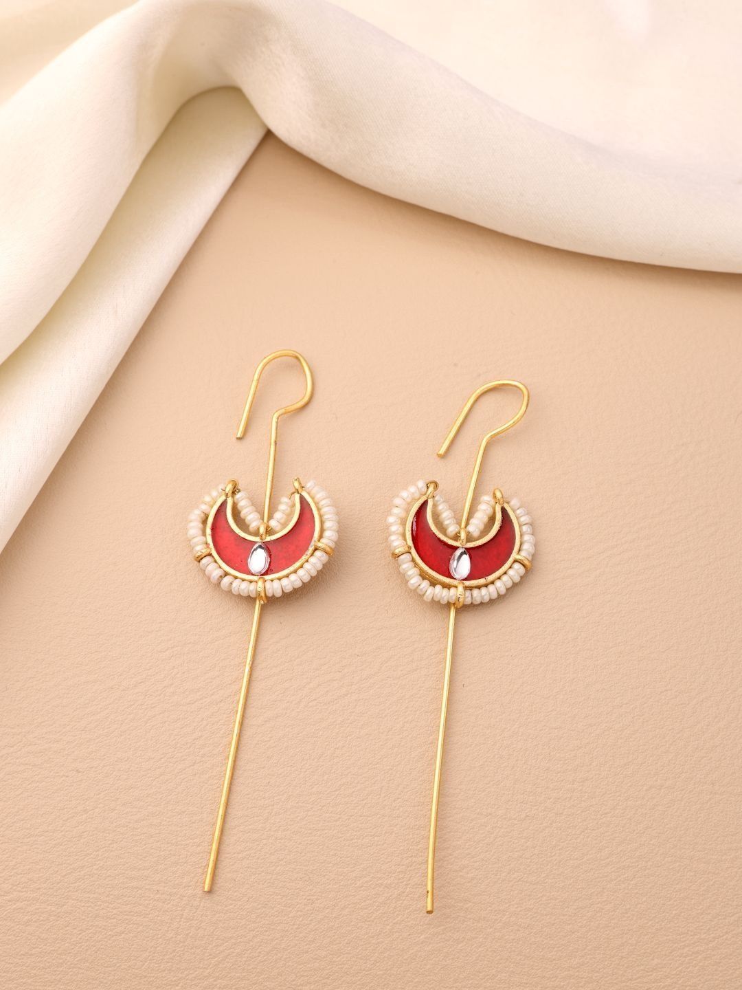 OZ Jewels Gold-Plated Red Crescent Pearl Minimal Long Bar Ear Cuff Earrings