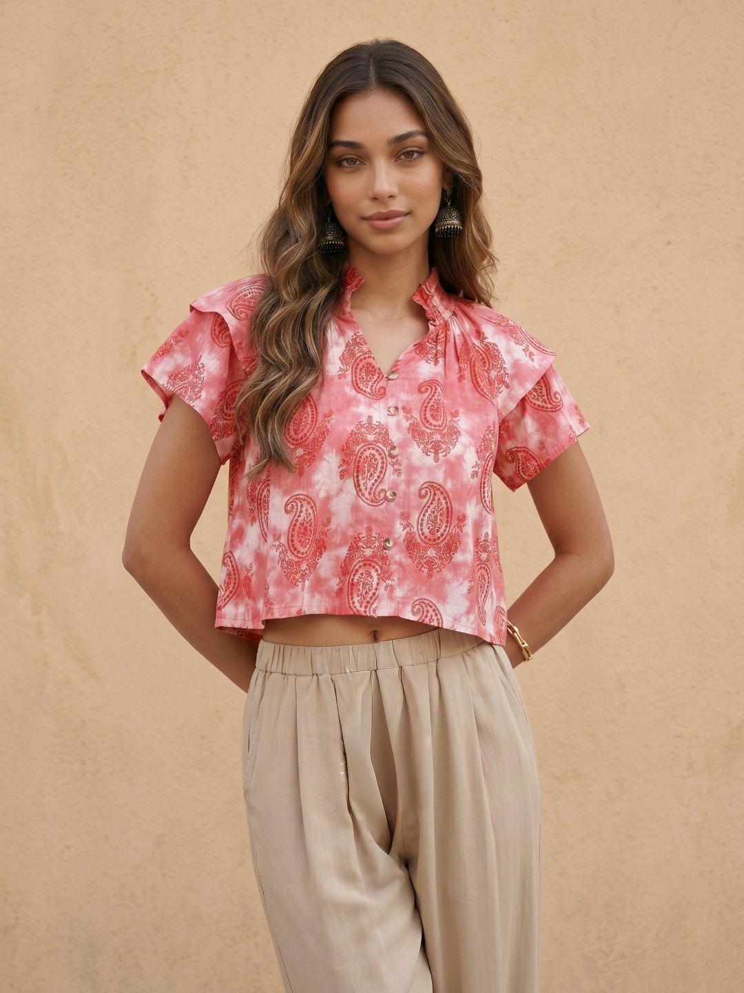Pink Paisley Ethnic Motif High Neck Crop Top