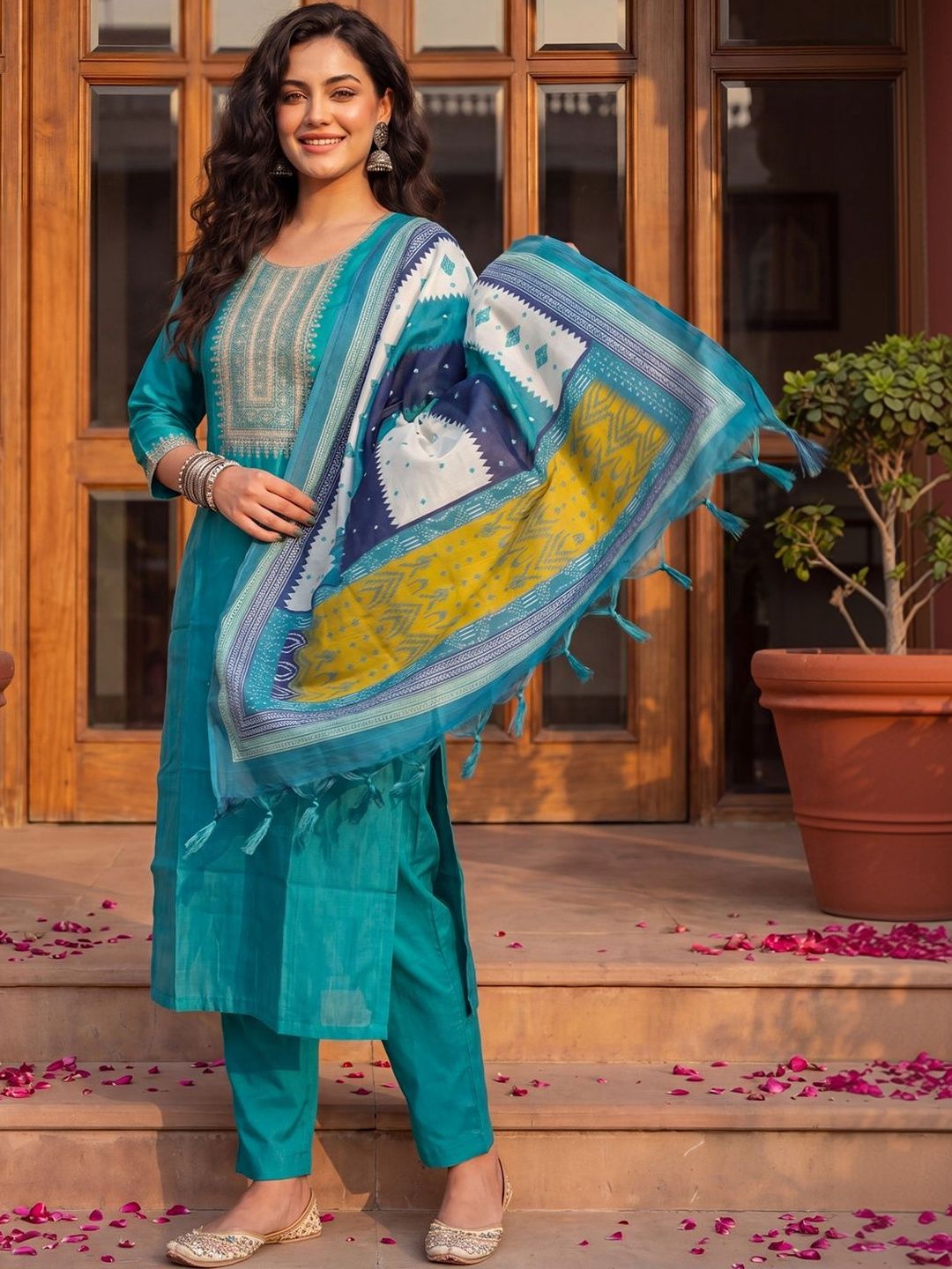 Indo Era Women Ethnic Motifs Embroidered Regular Thread Work Kurta with Trousers & With Dupatta