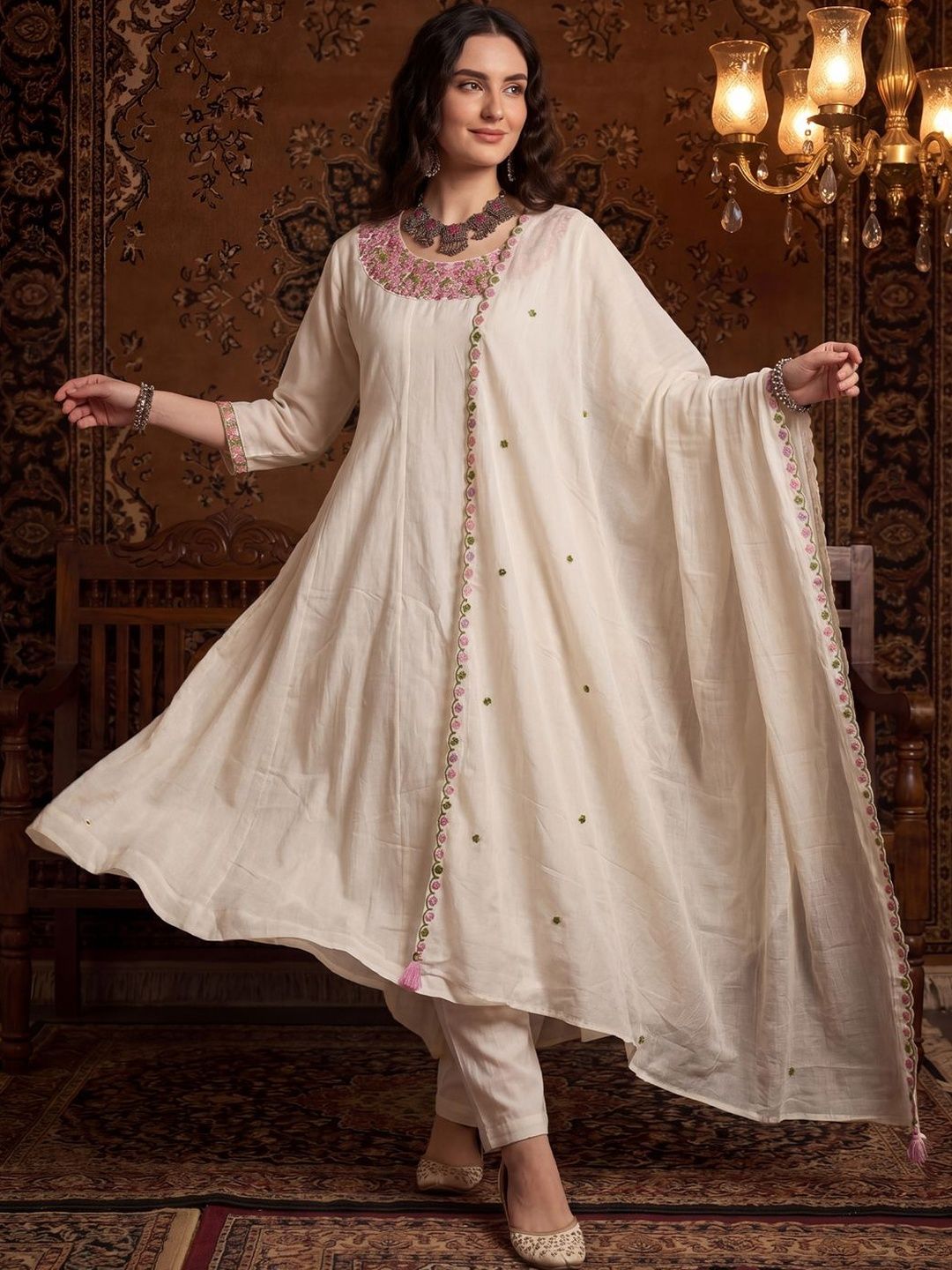 Indo Era Women Ethnic Motifs Embroidered Regular Thread Work Kurta with Trousers & With Dupatta