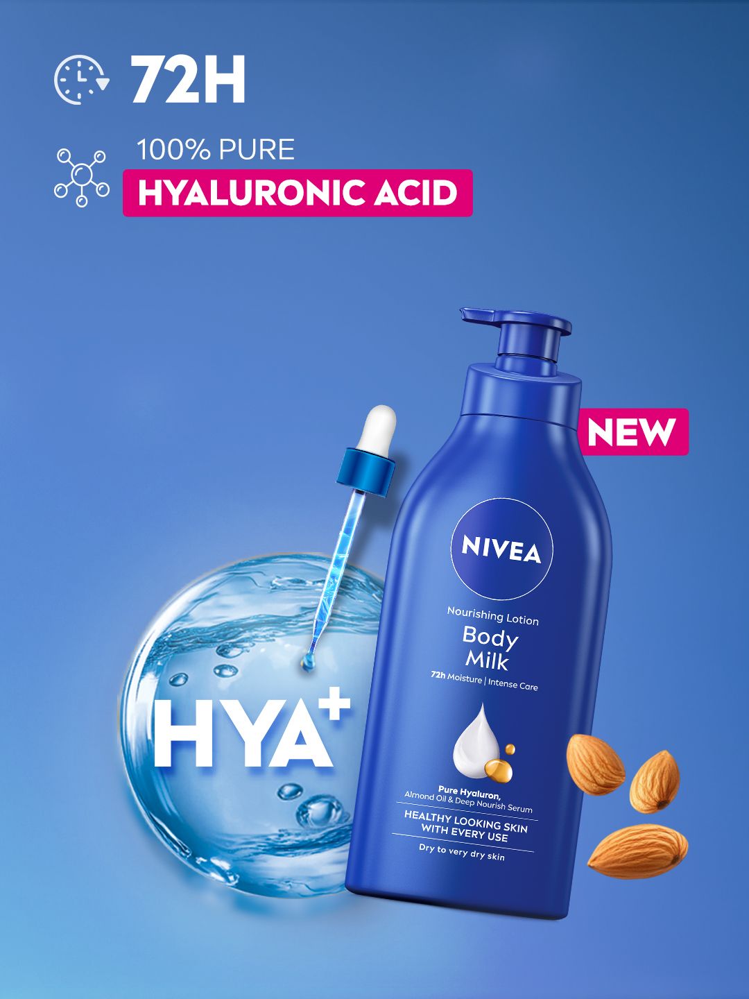 NIVEA Body Milk Body Lotion Hyaluronic Acid Almond Oil 72H Deep Nourish Moisturizer 625ml