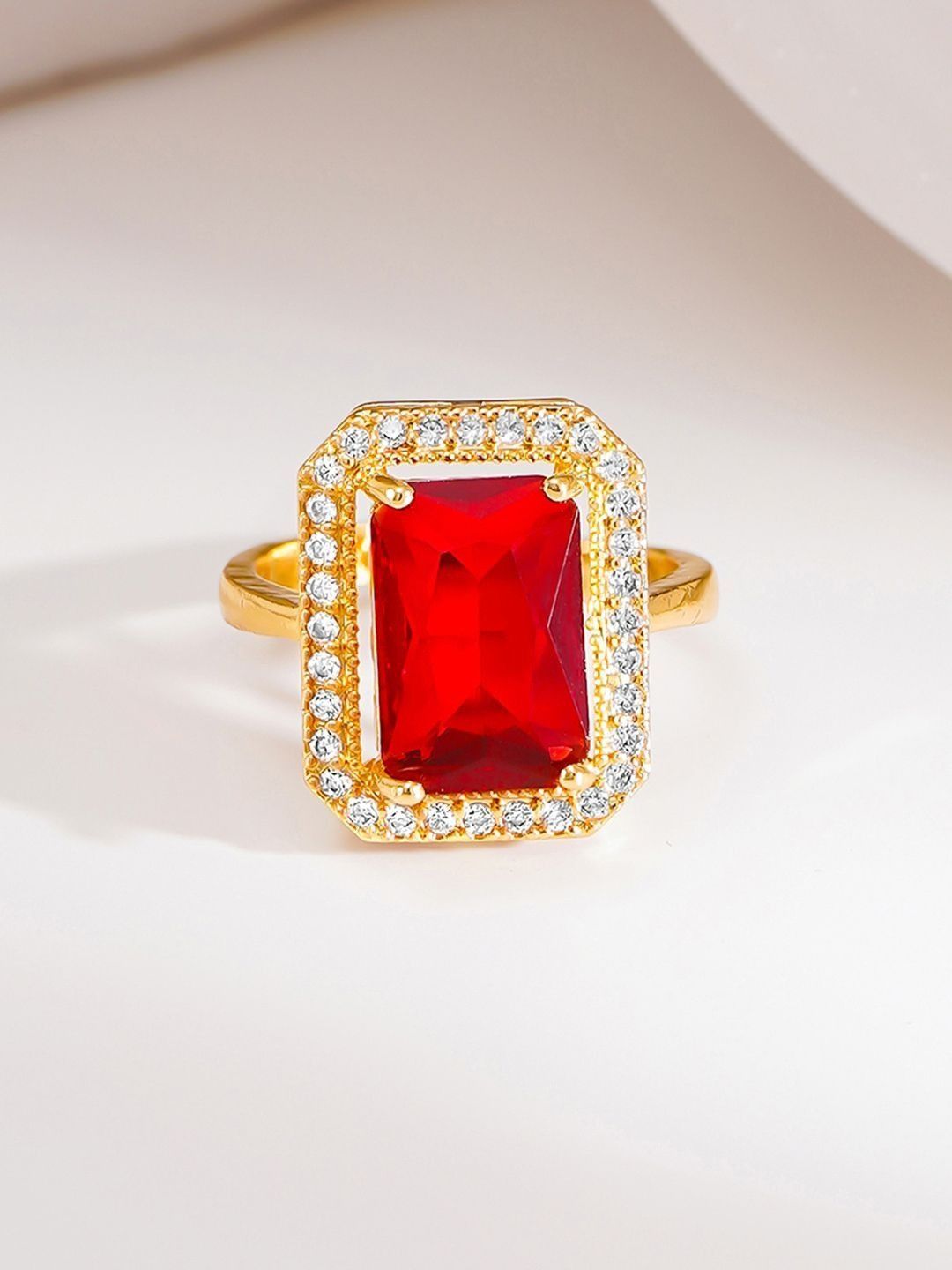 Rubans Thick 18K Gold Plated Ruby Crystal Halo Adjustable Anti Tarnish Ring