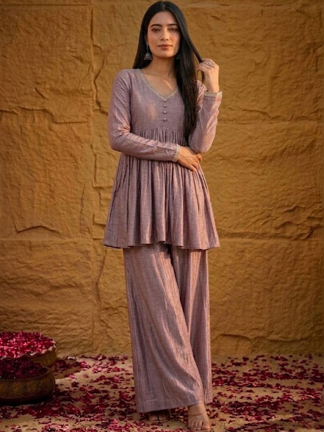 House of Pataudi Women Pleated Thread Work Kurta with Palazzos