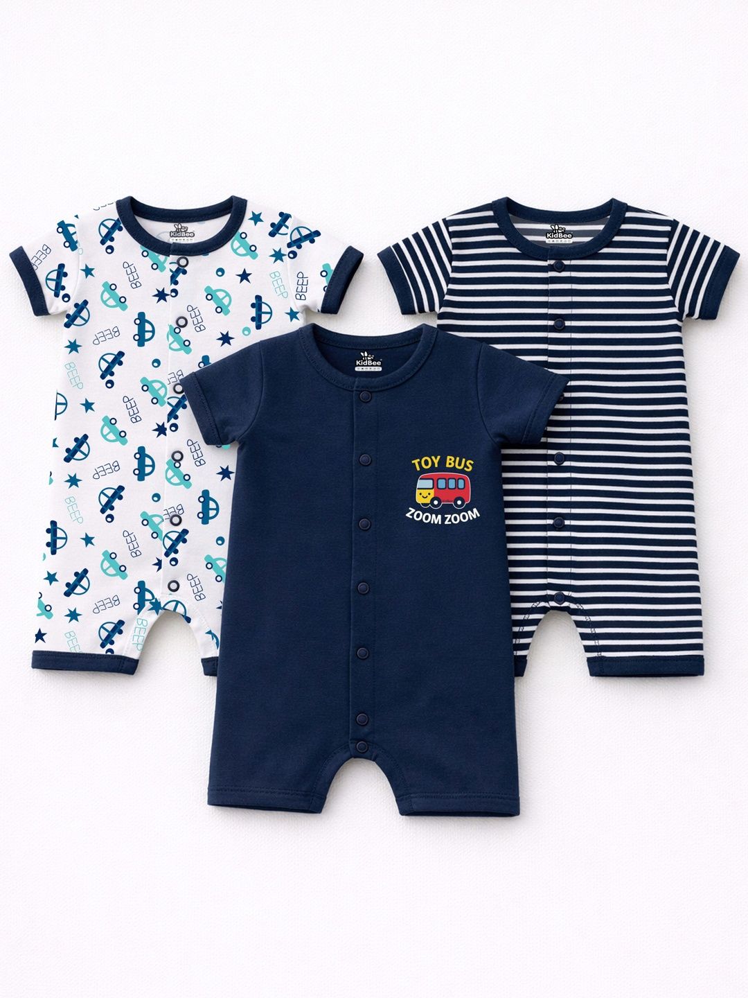 Buy KidBee Infants Pack Of 3 Printed Pure Cotton Rompers -  - Apparel for Unisex Kids