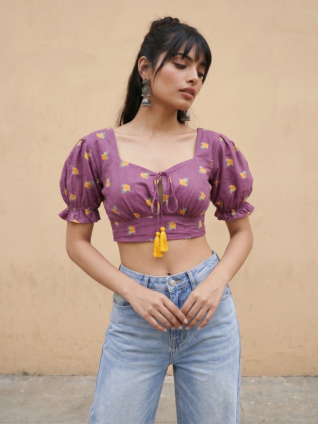 fusion by glitchez Floral Printed Smocked Detailed Puff Sleeve Regular Top