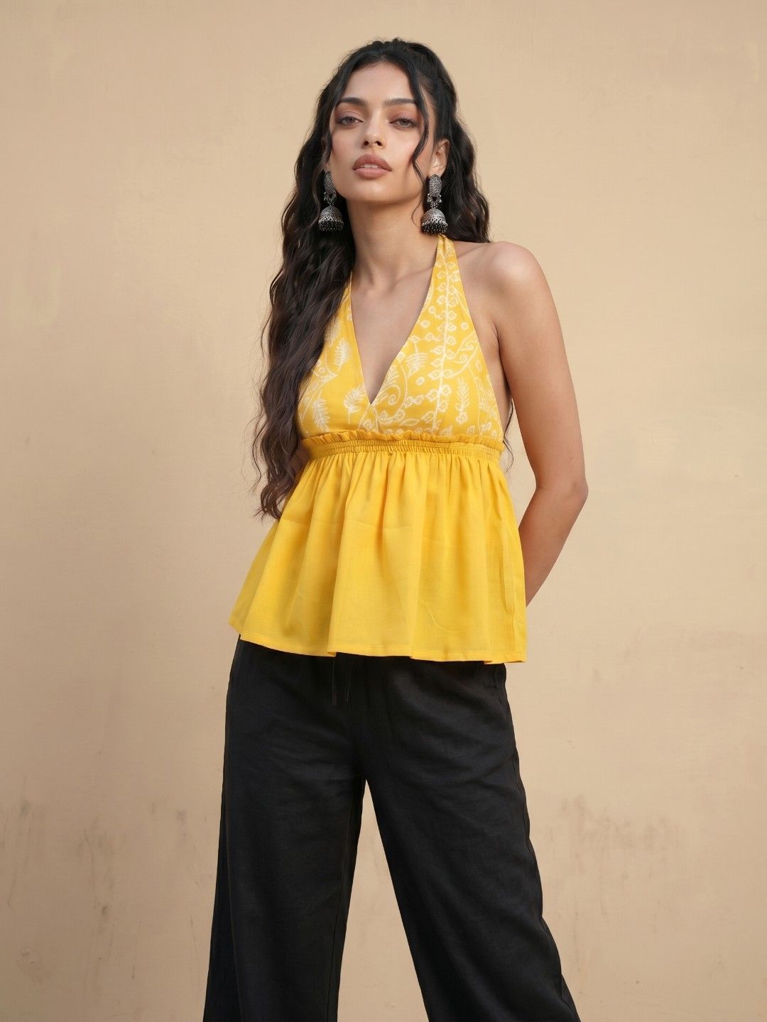 Yellow Ethnic Motif Halter Neck Sleeveless Top