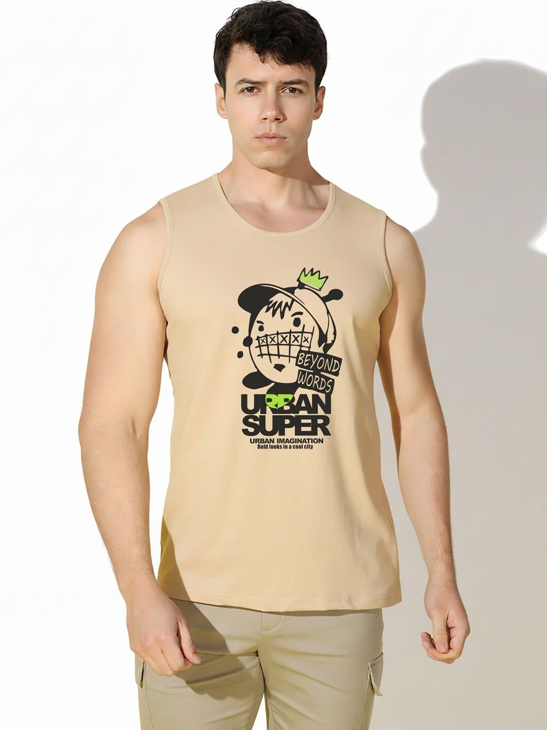 SLOWLORIS Graphic Printed Round Neck Sleeveless Cotton Gym Vest