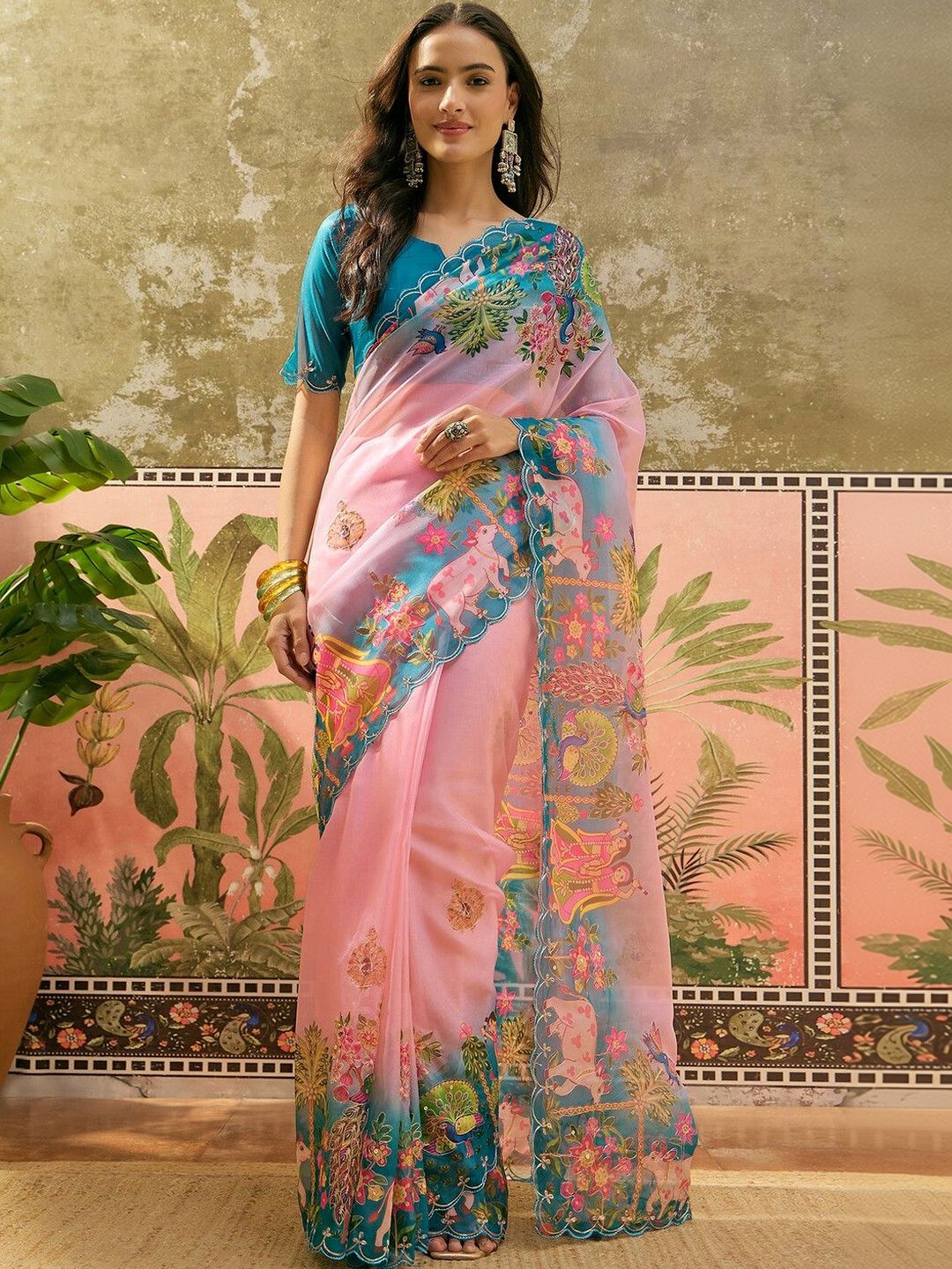 Sangria Ethnic Motifs Sequinned Organza Designer Saree