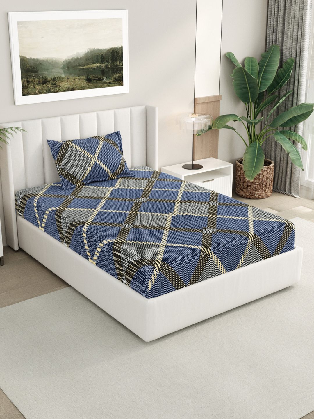 RIVERMOOR Blue 200 TC Single Bedsheet with 1 Pillow Covers