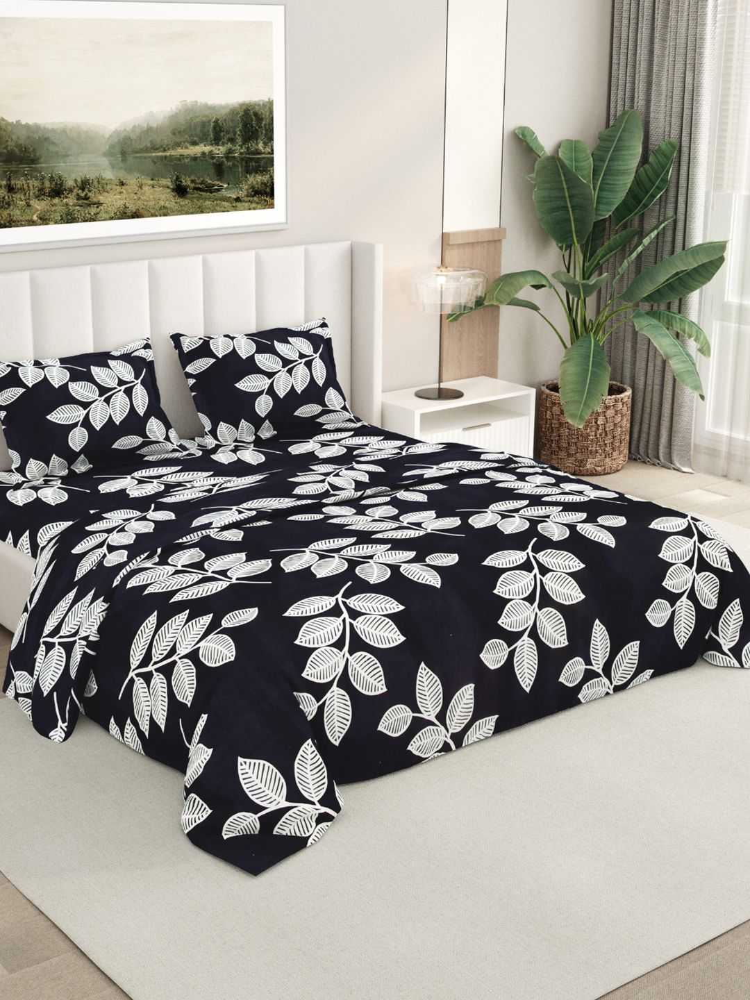 RIVERMOOR Navy Blue Floral 200 TC Bedsheet with 2 Pillow Covers