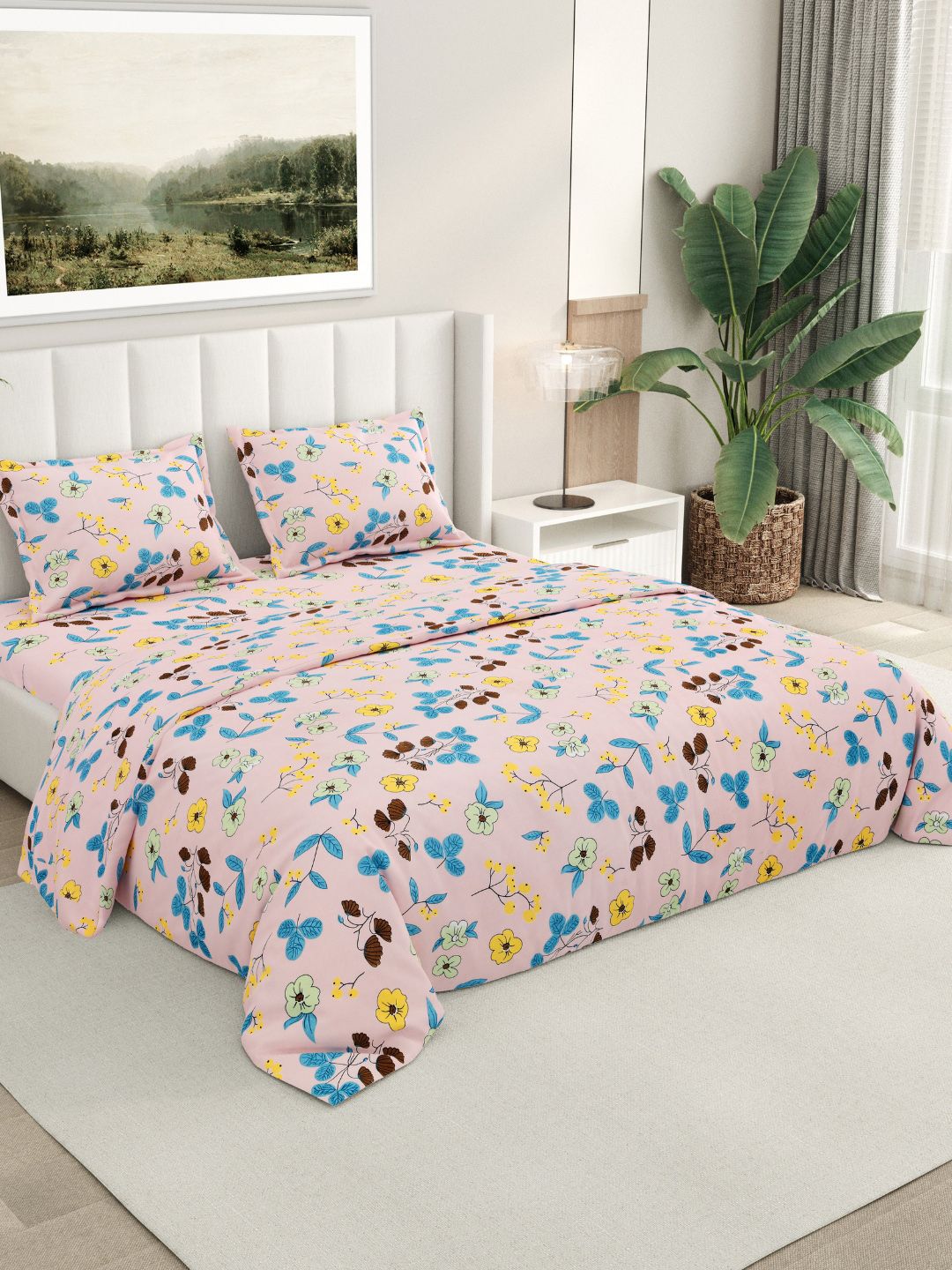 RIVERMOOR Pink Floral 200 TC Bedsheet with 2 Pillow Covers