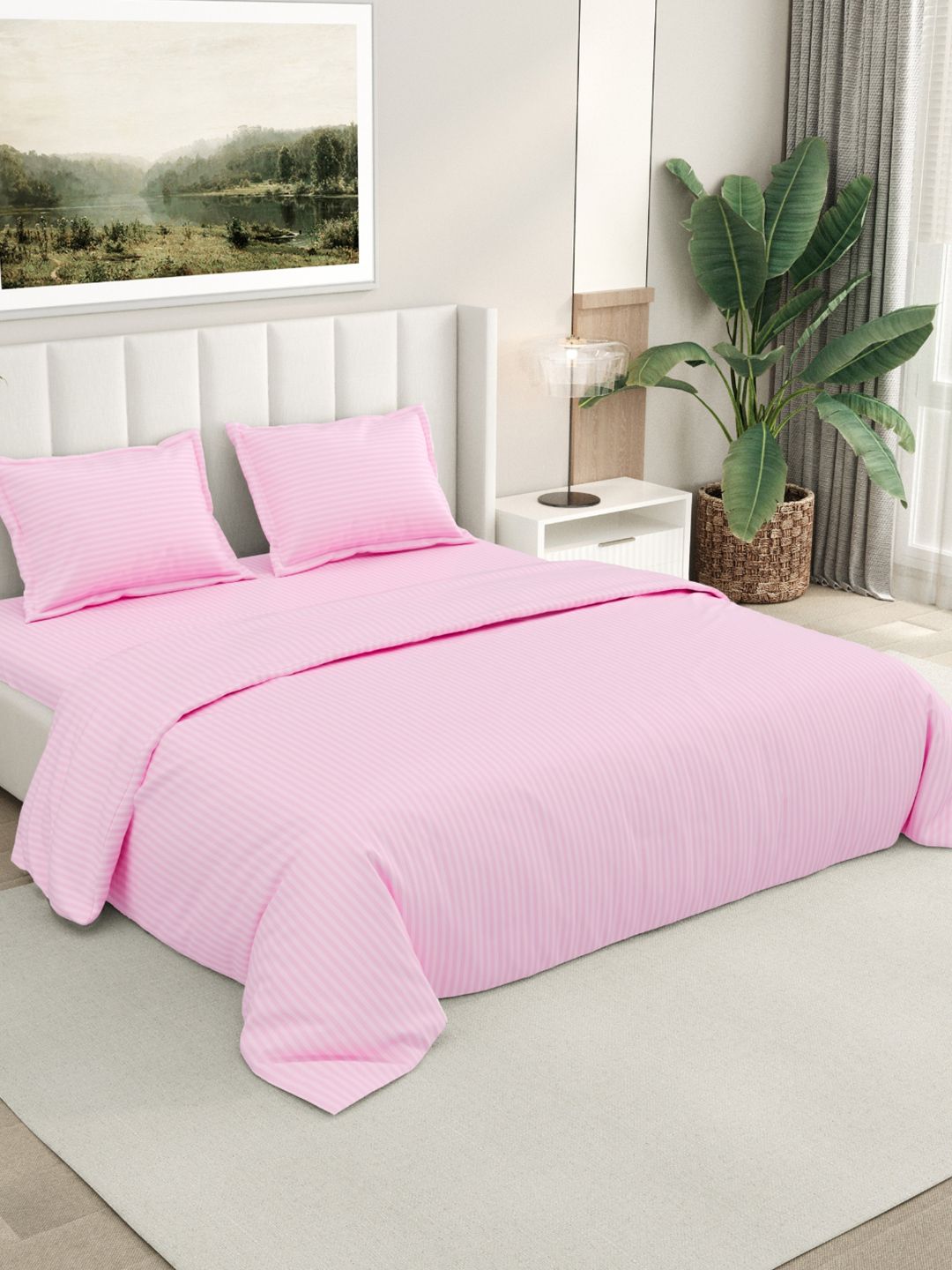 RIVERMOOR Pink Striped 200 TC Double Bedsheet with 2 Pillow Covers