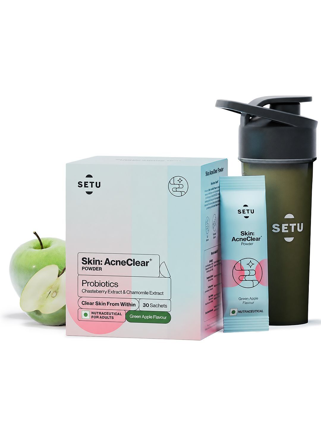 SETU Skin: AcneClear+ Powder - Green Apple Flavour - 30 Sachets