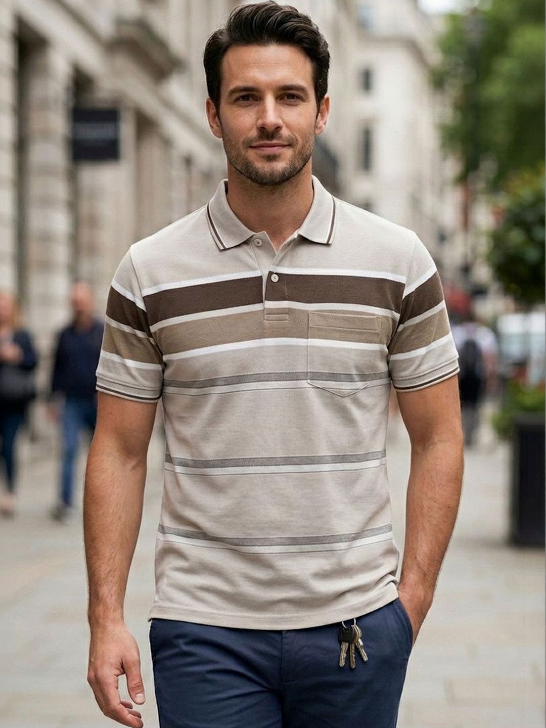 GODFREY Men Striped Polo Collar Pockets T-shirt