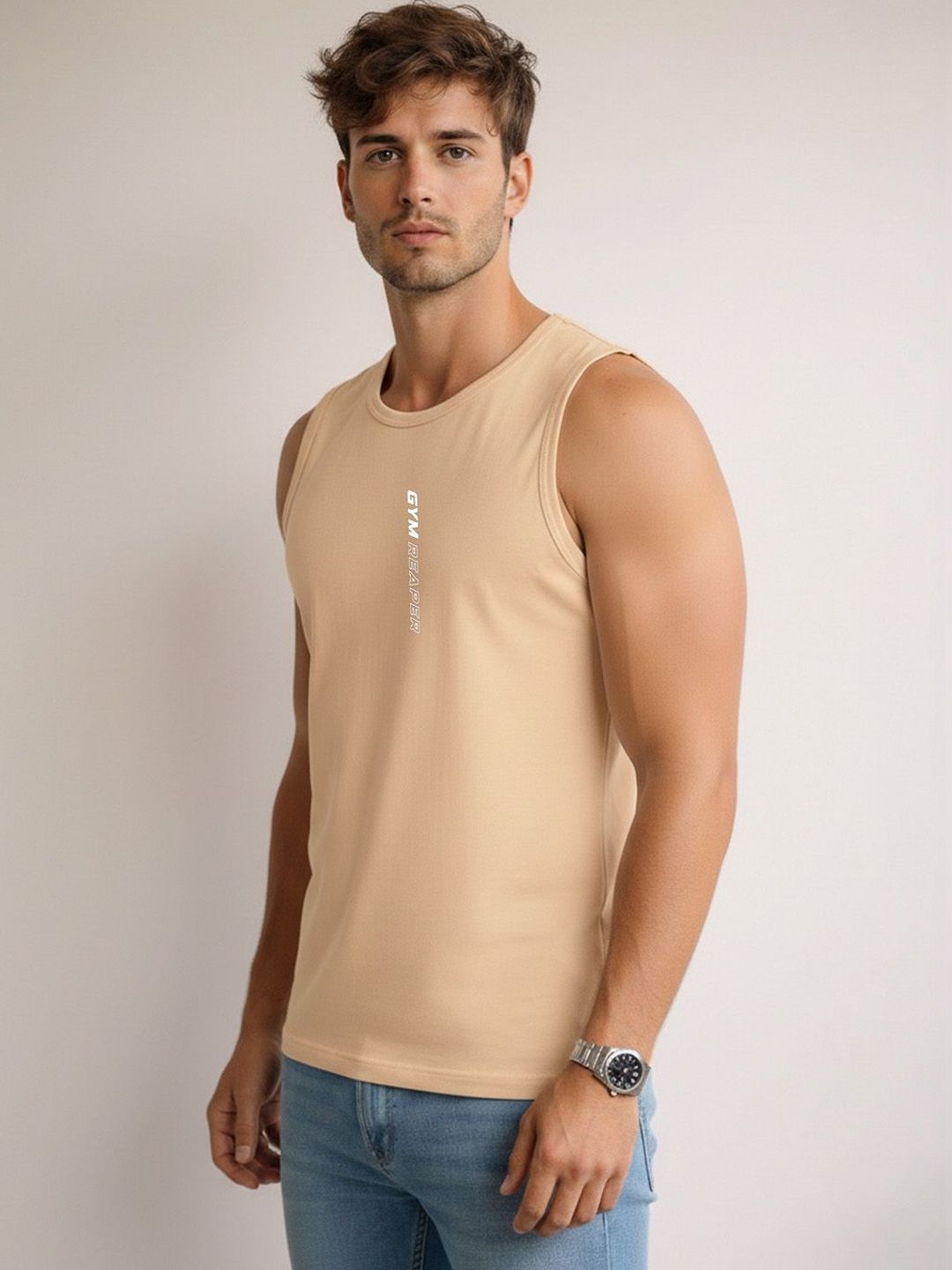 SLOWLORIS Typography Printed Round Neck Sleeveless Cotton Gym Vest