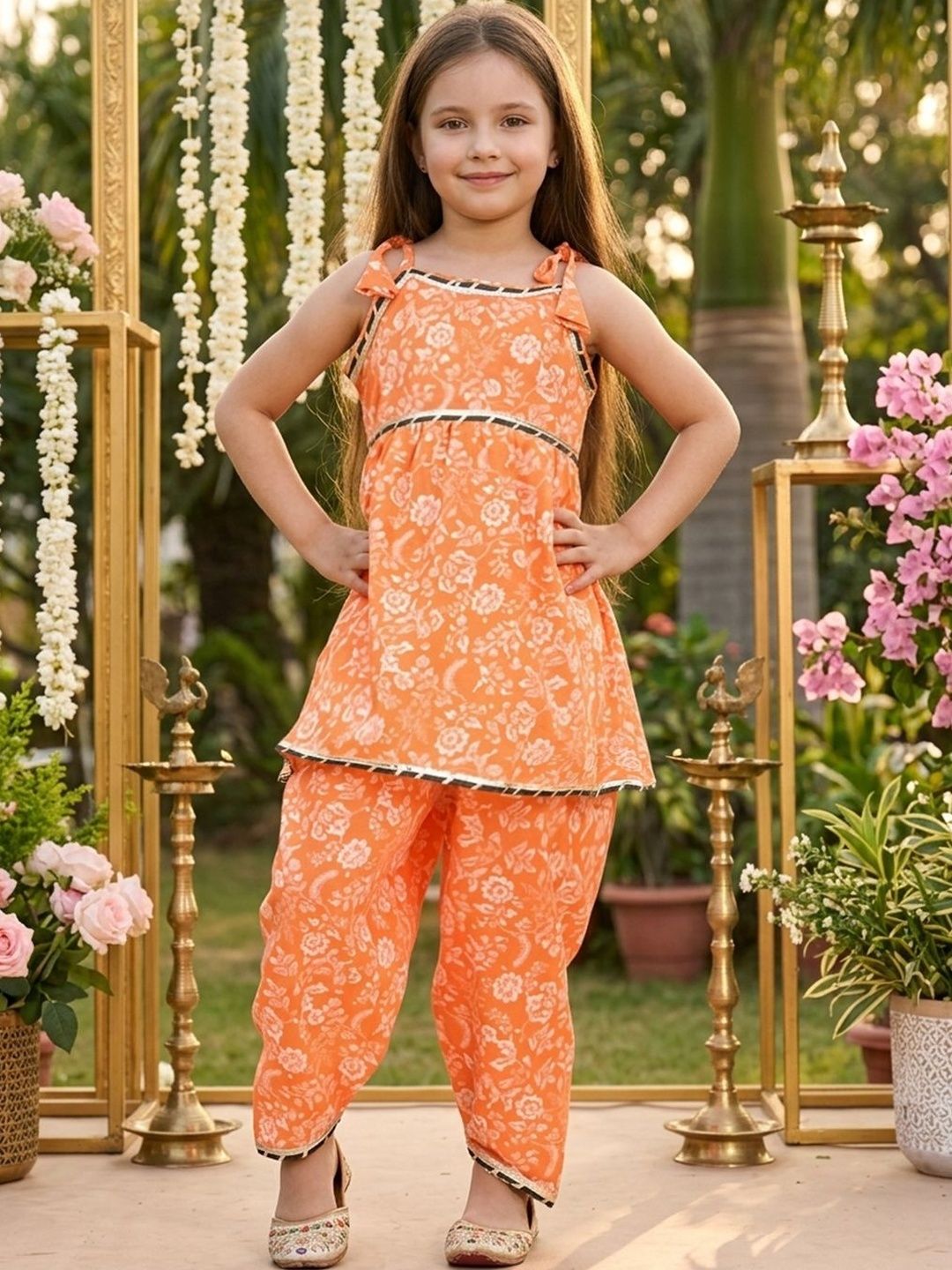 Girls Floral Printed A-Line Kurta with Dhoti Pant