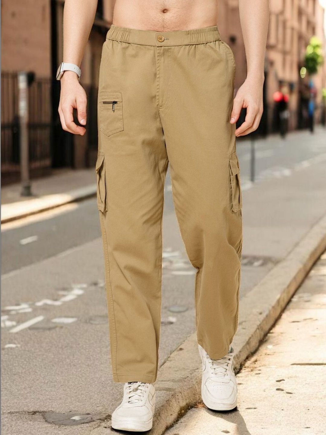 STUDIO NEXX Men Relaxed Straight Leg Loose Fit Cargos Trousers
