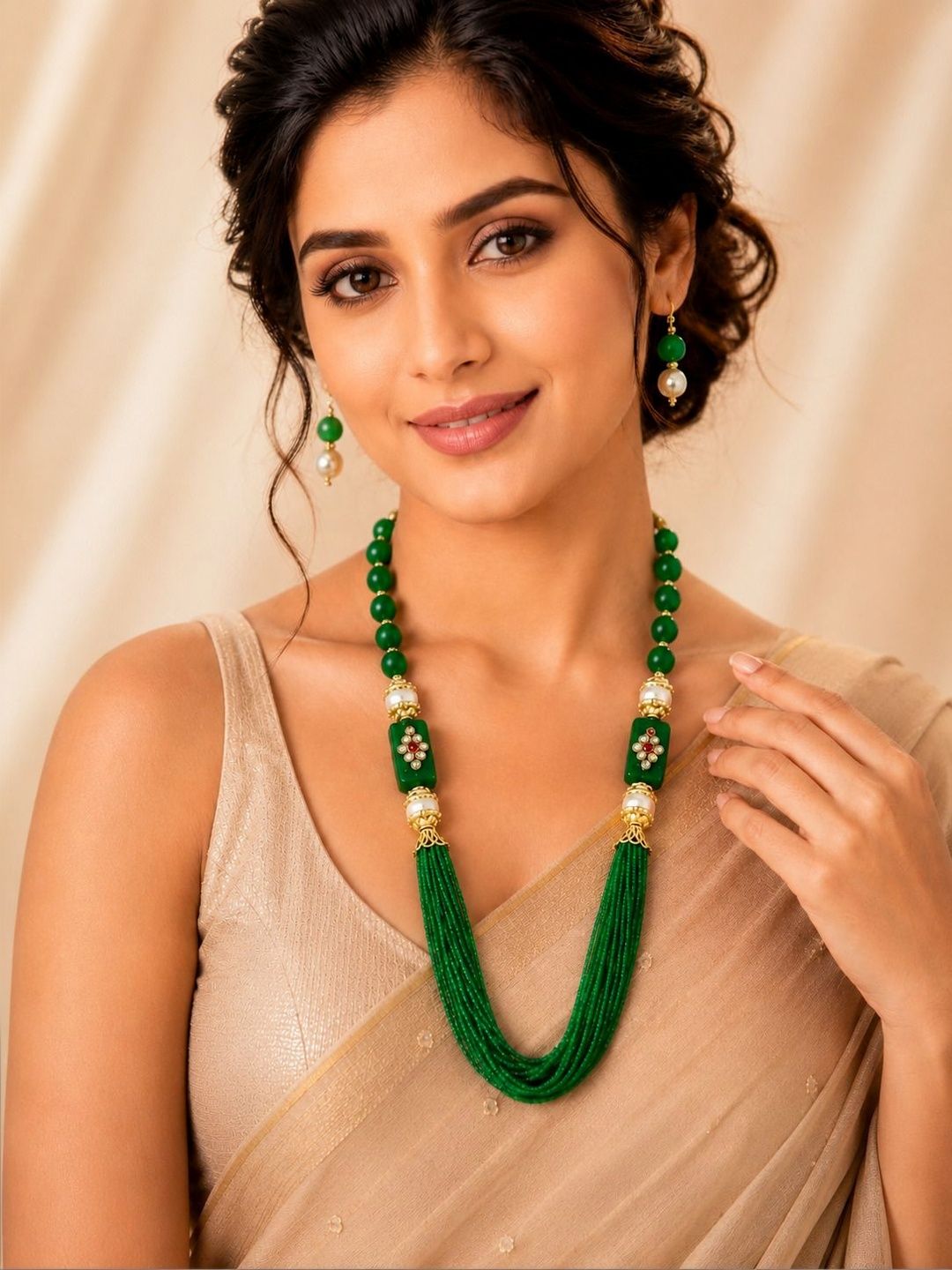 Jewar Mandi Green Multi Strand Stone-Studded & Beaded Jewellery Set