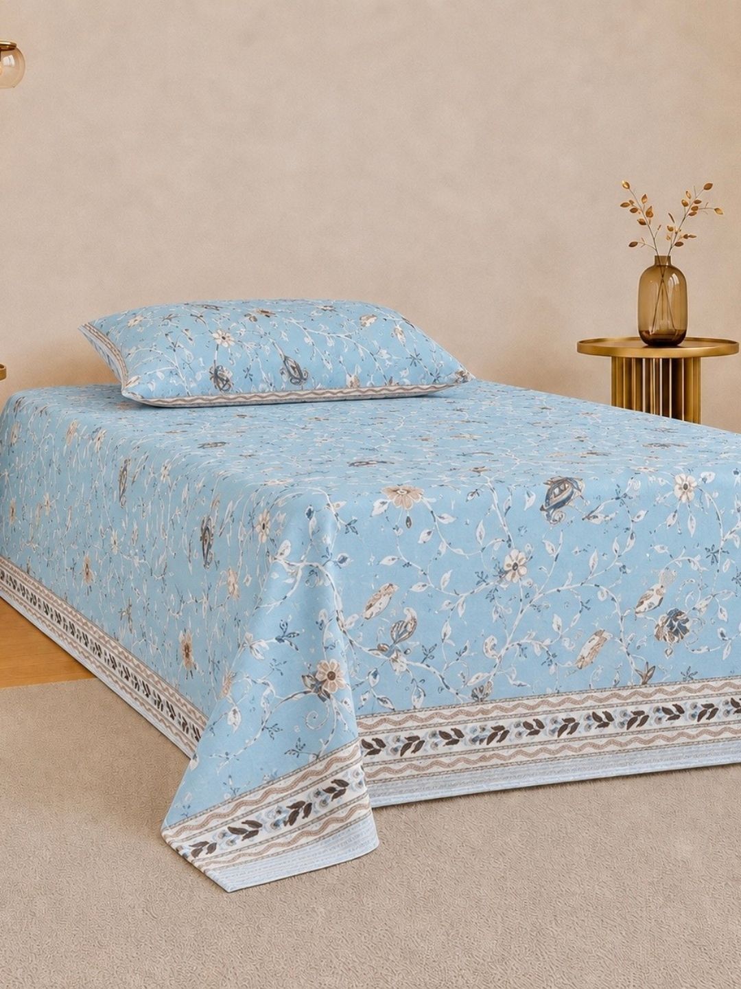 Jaipur Weaves Blue & White Printed Pure Cotton 180 TC Single Bedsheet Set 2.28 m x 1.52 m
