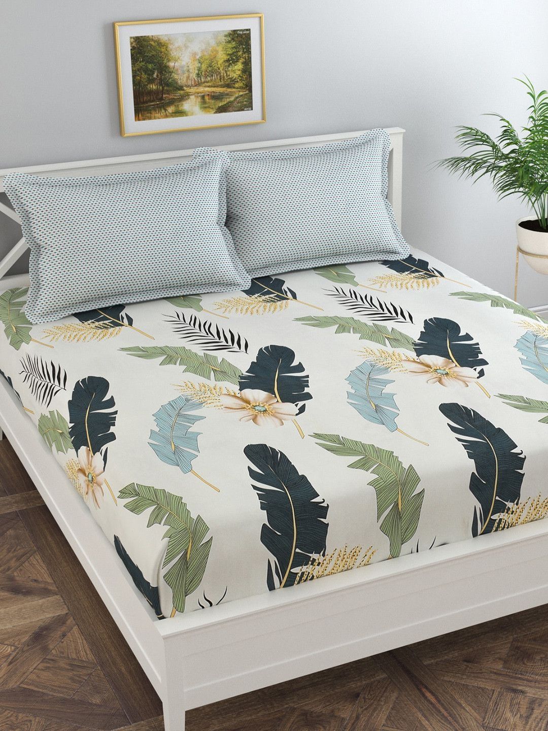 Florida Off White Leaf Polycotton Skin-Friendly 120 TC Queen Bedsheet with 2 Pillow Covers-88 x 93 inches