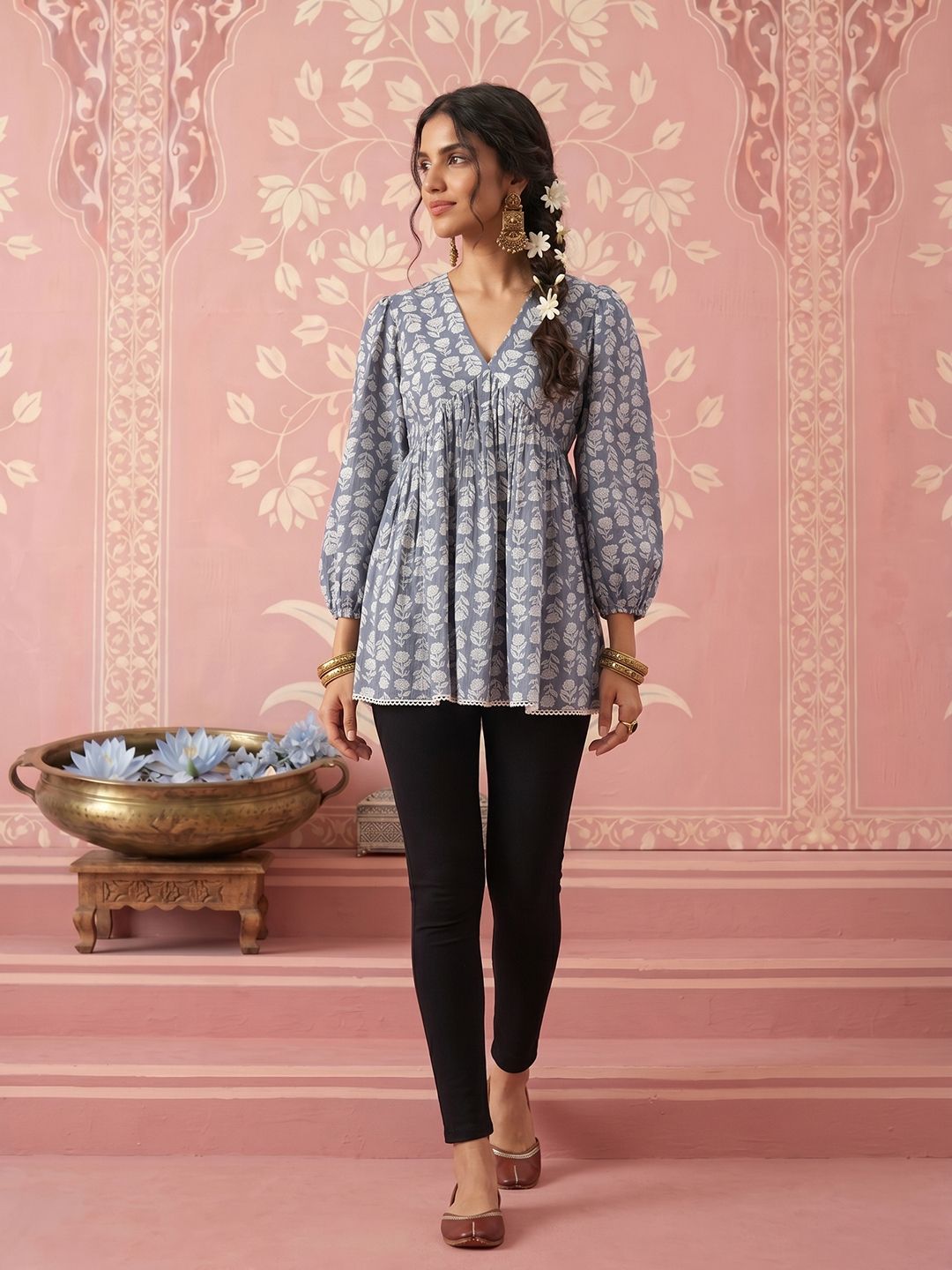 NAVYAAZRI Grey White Floral Printed Cotton Tops