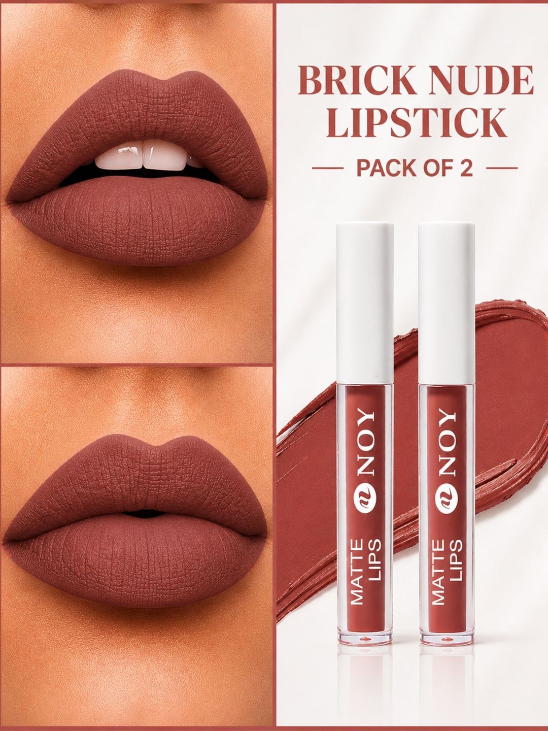 NOY Set Of 2 Long Lasting Liquid Lipstick -4 ml Each - Brick Nude