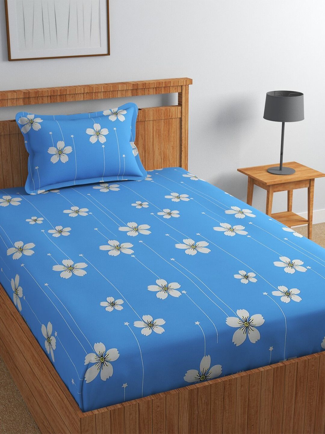 Florida Blue Floral Cotton 180 TC Single Fine Bedsheet with a Pillow Cover-90 x 96 inches