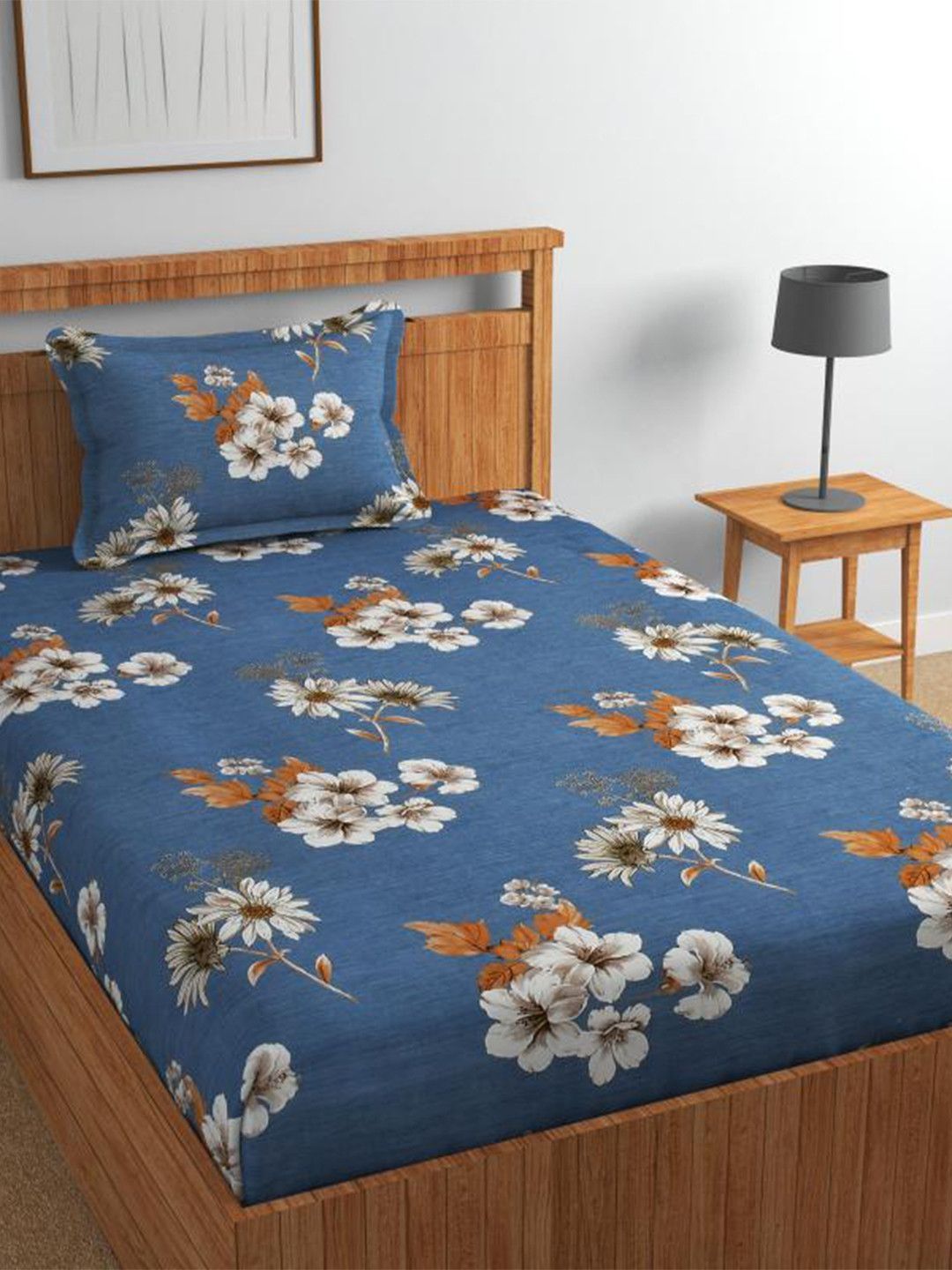 Florida Blue Floral Cotton 180 TC Single Fine Bedsheet with a Pillow Cover-82 x 61 inches